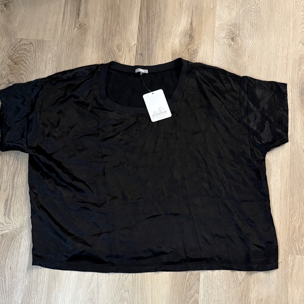 NWT PJ HARLOW kit black satin top size XL soft loungewear relaxed loose neutral